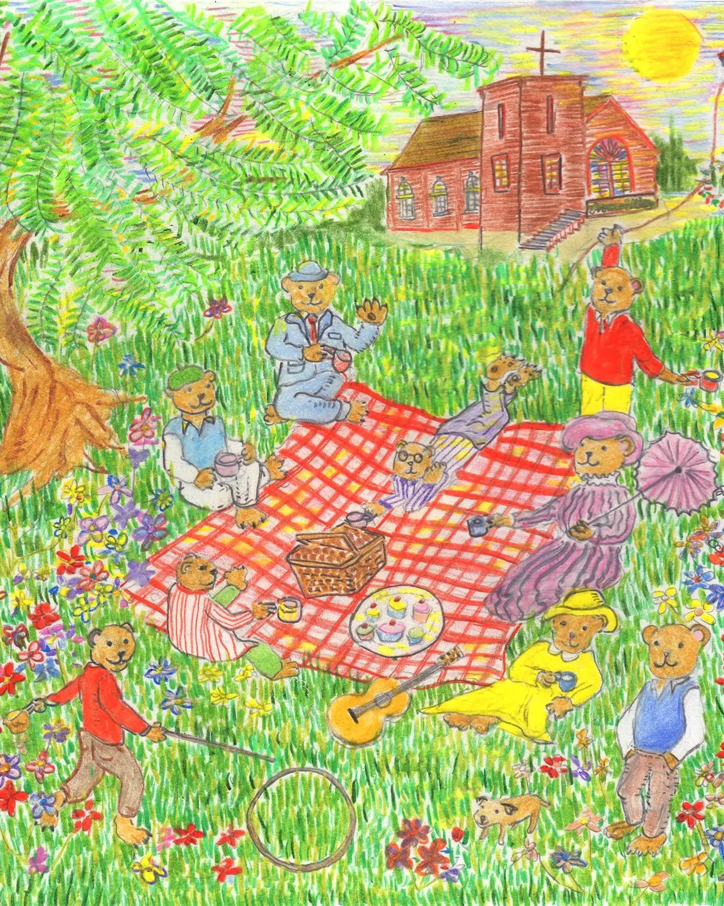 bears picnic on a sunny churchyard lawn