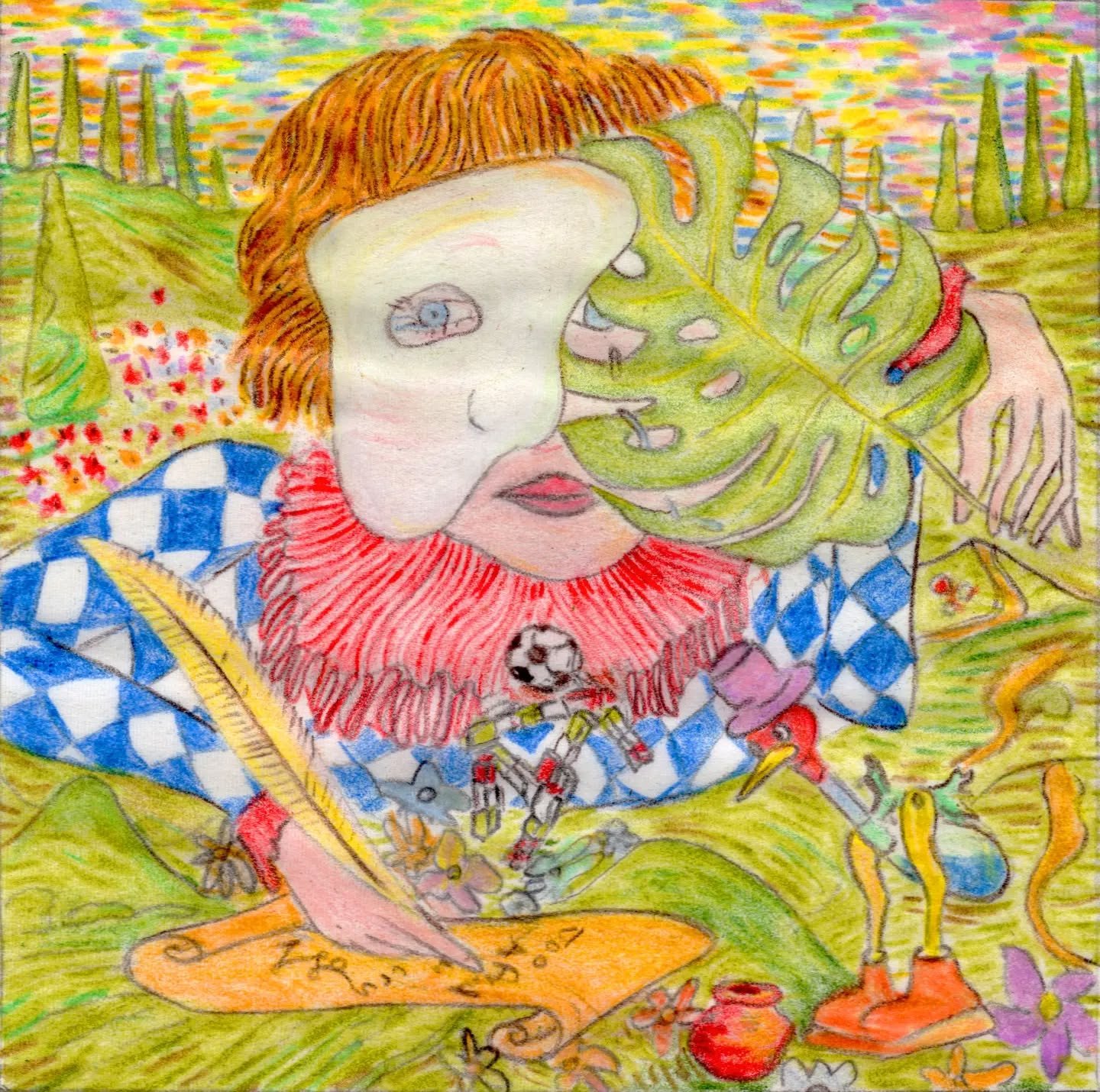 a harlequin writing a letter beneath a leaf