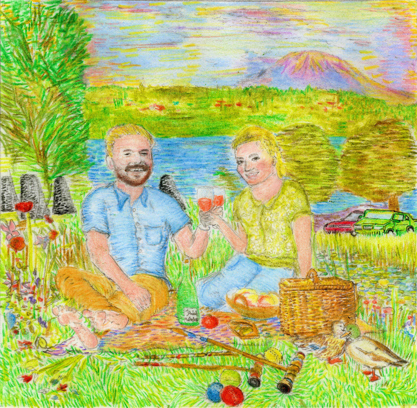 lakeside picnic toast beneath a distant peak
