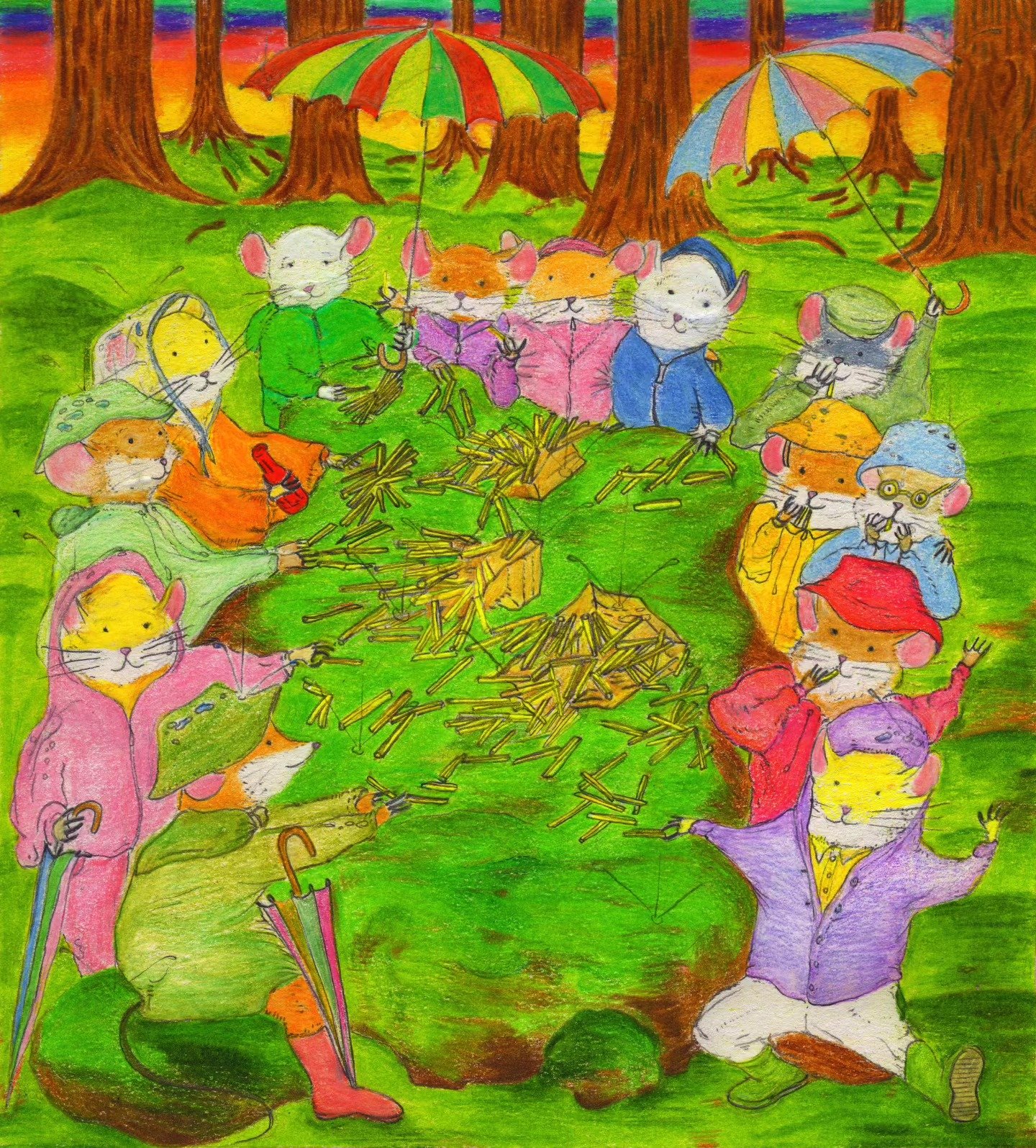 small creatures gather round a forest campfire
