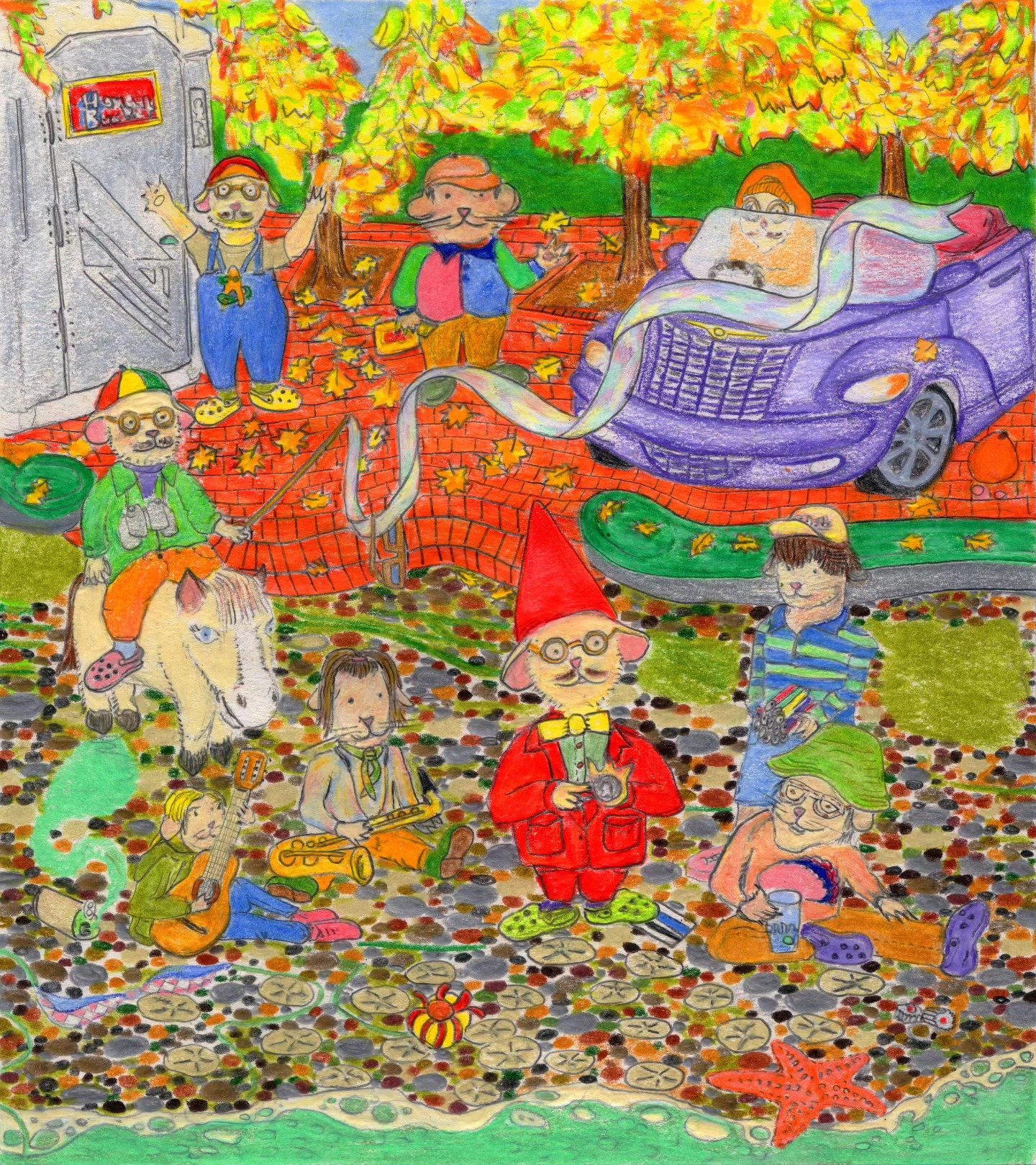 autumn yard, raked leaves and a purple car